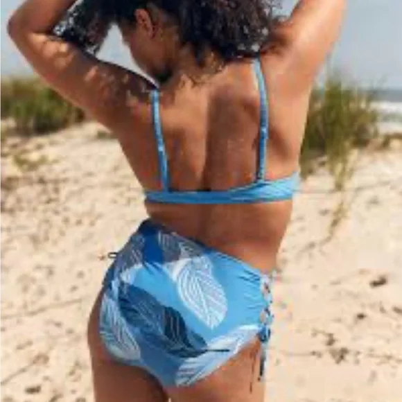 Aerie Blue Leaf Pattern Lace Up Bikini, Top XS, Bottom Sm - Picture 2 of 12